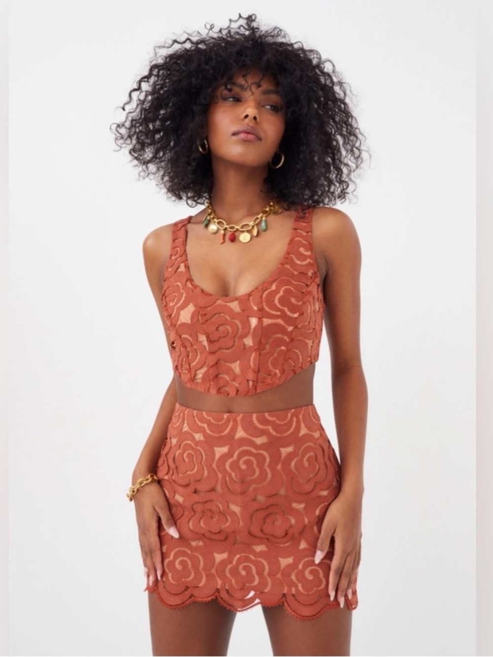 For Love & Lemons Burnt Orange Lace Two-Piece Set